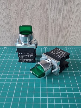 Переключатель PB1S, зеленый, I-0-II, фиксация, 2NO, 6A 230VAC/24VDC, с подсветкой без LED, 22mm, IP65