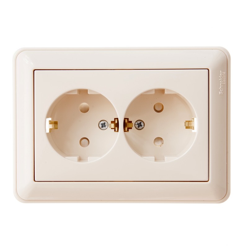 W59 РОЗЕТКА двойная с заземлением со шторками, 16А, в сборе, СЛОНОВАЯ КОСТЬ