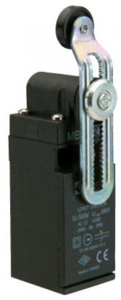 Концевой выключатель, привод реверсивный пластиковы ролик 18мм с угловым действием, изогнутый рычаг (1НЗ+1НО, мгновенное сраб.), серия L3, пластиковый корпус (240В AC, 3А), IP65