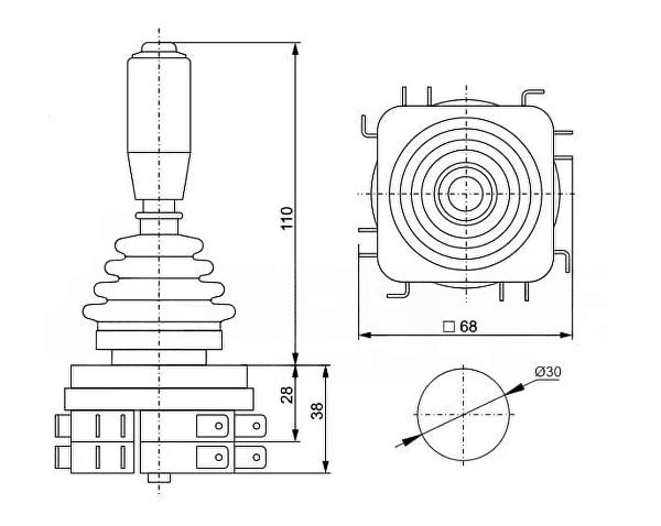 Промышленный джойстик QT-HK LSSINE для встраивания в переносные пульты управления или для стационарной установки в панели оператора с ограничением по высоте.
