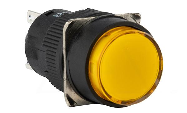 Кнопка плоская LA115-C, возврат, желтая, круглая, без подсветки, 1NO+1NC, 16mm, IP40