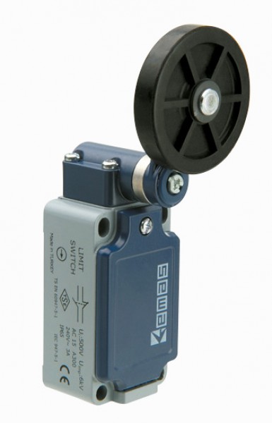 Концевой выключатель, привод реверсивный резиновый ролик 50мм с угловым действием (1НЗ+1НО, мгновенное сраб.), серия L52, металлический корпус (240В AC, 3А), IP65 L52K13MEL121