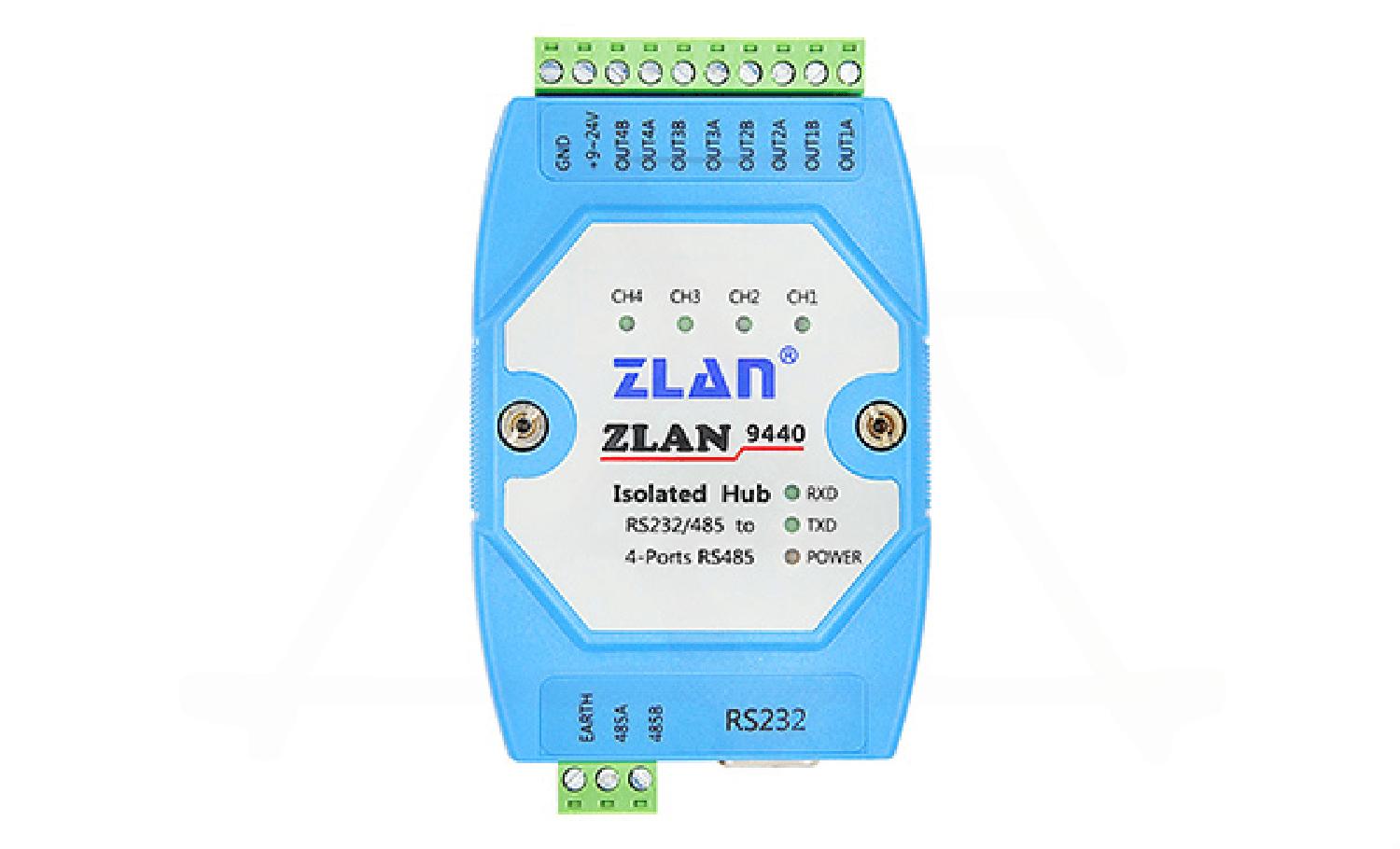 Концентратор последовательных интерфейсов ZLAN9440, RS-232/485 в RS-485, 1xRS-232/485, 4xRS-485, 24VDC, DIN35