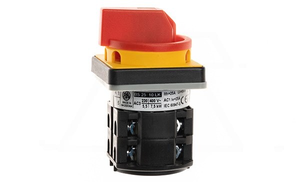 Переключатель BS 25 10 LK, аварийный, 3P, 25A, тип 0-1, 7.5kW(400VAC по АС-3), на дверь, красная блокируемая в 0 рукоятка, фронт IP40