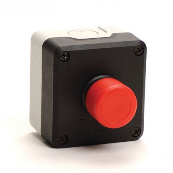 Пост управления однокнопочный (кнопка аварийная "Грибок" 30мм, 1НО+1НЗ, возврат поворотом), серый-чёрный цвет, cерия P, пластиковый корпус (250В AC, 4А), IP65 P1C304E30