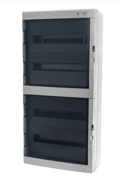 Щит навесной GALANT 4x18M, N/PE 8x 10x16+10x10mm2, 2x дымчатых пласт. двери, светло-серый RAL7035, 878x432x160mm, IP65