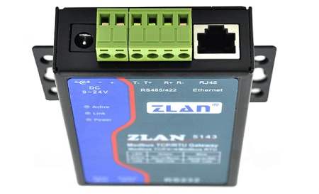 Преобразователь интерфейсов ZLAN5143, RS-232/485/422 в Ethernet, 1xRS-485/422, 1xRS-232, Modbus Gateway, 24VDC