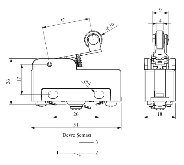 Мини-выключатель, привод роликовый рычаг 28мм (1ПК), пластиковый корпус (250В AC, 10А) MN2MIM1