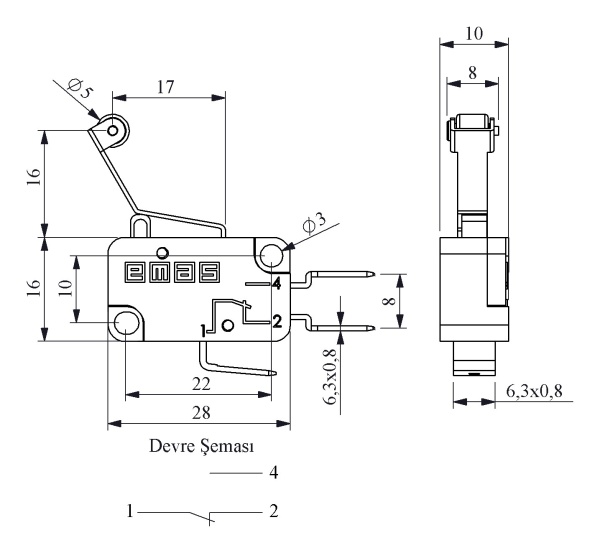 Микровыключатель, привод пластиковый роликовый рычаг (1ПК), металлический корпус (250В AC, 10А), IP20 MK1MIP3