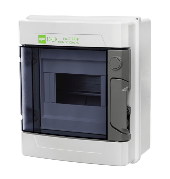 Щит навесной EP-LUX 1x6M, N/PE 4x 2x16+3x10mm2, дымчатая пласт. дверь, светло-серый RAL7035, 215x185x113mm, IP65