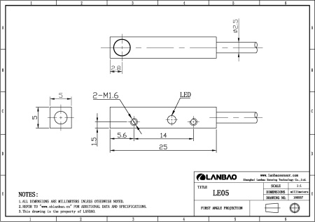 LANBAO LE05VF08DNO Индуктивный датчик 0.8 мм, прямоугольный, заподлицо, 10…30 DC, NPN, NO, алюминий,