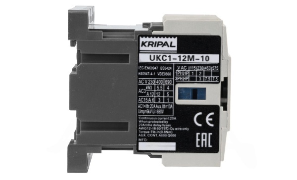 Мини-контактор UKC1-12M-10-230AC, 3P, 12A(AC-3), 20A(AC-1), 5.5kW(400VAC), Uк=230VAC, 1NO