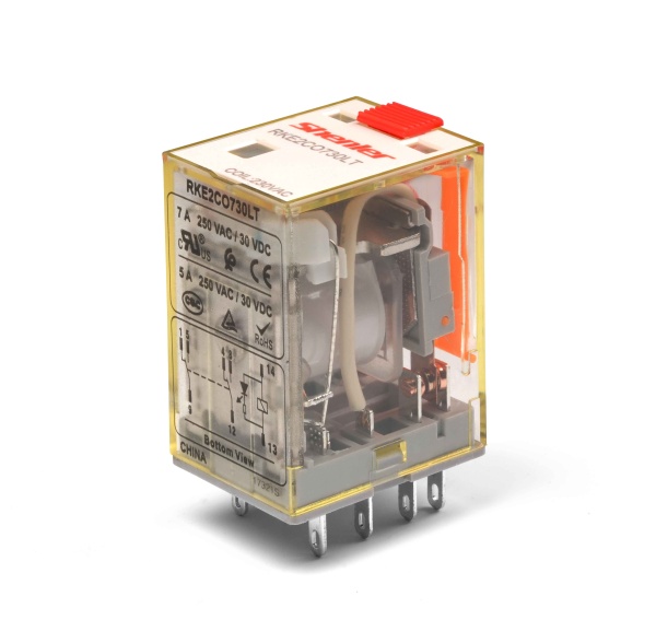 Реле RKE4CO730LTA, 4CO, 5A(250VAC/30VDC), 230VAC, AgSnO2/Au, мех. индикация, тест-кнопка с блокировкой, LED