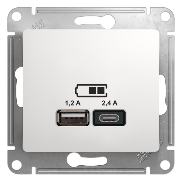 GLOSSA USB РОЗЕТКА А+С, 5В/2,4А, 2х5В/1,2А, механизм, БЕЛЫЙ