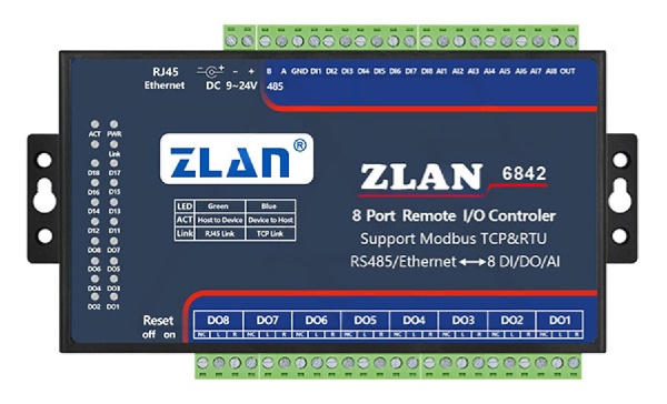 Станция удаленного ввода/вывода ZLAN6842, 8DI, 8RO, 8AI (4..20MA), Ethernet (Modbus TCP), 24VDC