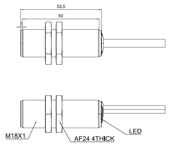 LANBAO LR18XBF05DPCP Индуктивный датчик 5 мм, цилиндрический, заподлицо, 10…30 DC, PNP, NC, никелиро