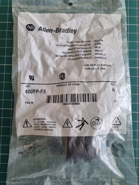 Кнопка Allen-Bradley без подсветки, 800F, 22.5 мм, круглая, IP66, желтый, пластик (800FPF5)
