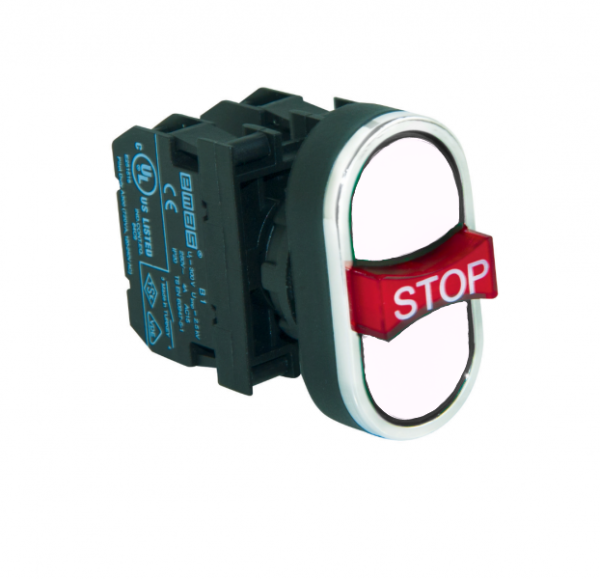 Кнопка тройная с аварийной кнопкой "STOP" (1НО+1НЗ+1НО), белый цвет, серия B (250В AC, 4А), IP50 B121B30BB