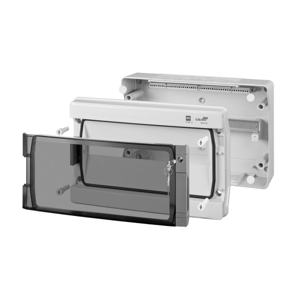 Щит навесной GALANT 1x18M, N/PE 2x 10x16+10x10mm2, дымчатая пласт. дверь, светло-серый RAL7035, 291x432x160mm, IP65