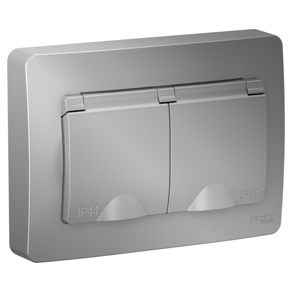 BLANCA С/У IP44 РОЗЕТКА двойная с заземлением со шторками, с крышками, 16А, 250В, АЛЮМИНИЙ