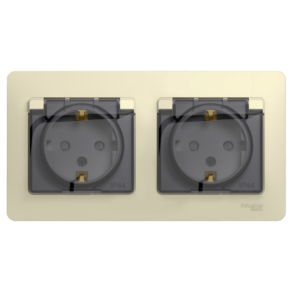 GLOSSA РОЗЕТКА двойная с заземлением со шторками с прозрачной крышкой,16А, IP44, в сборе, БЕЖЕВЫЙ
