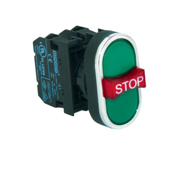 Кнопка тройная с аварийной кнопкой "STOP" (1НО+1НЗ+1НО), зелёный + зелёный цвет, серия B (250В AC, 4А), IP50 B121B30YY