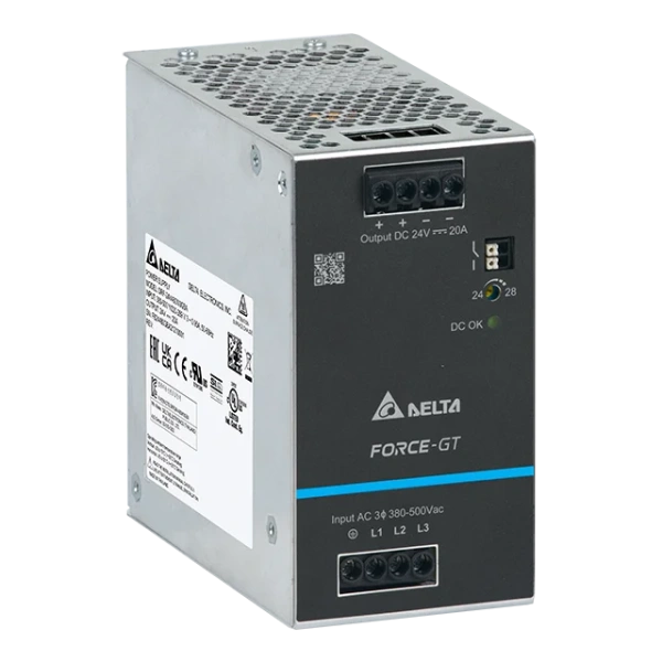 Блок питания импульсный Force-GT, 480W, 20А, 3(2)х320(340)_575VAC (450_800VDC) / 24VDC, DIN35, реле DC OK, винт.клеммы, ал.корпус