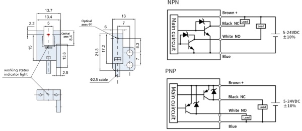 LANBAO PU05M-TGNR-R Оптический щелевой 5 мм, инфракрасный светодиод, NPN, NO+NC, 5...24 DC, ABS, щел