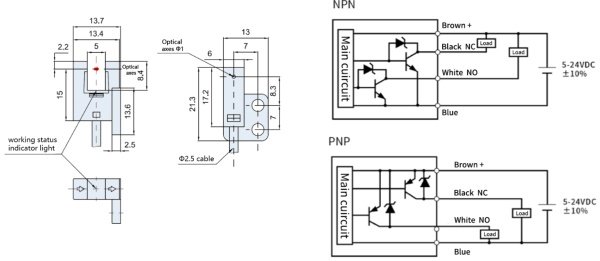 LANBAO PU05M-TGNR-R Оптический щелевой 5 мм, инфракрасный светодиод, NPN, NO+NC, 5...24 DC, ABS, щел