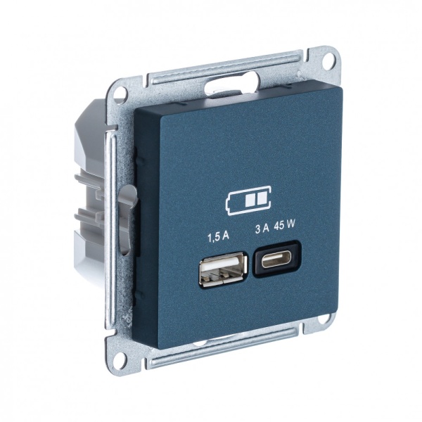 ATLASDESIGN USB РОЗЕТКА A + тип-C 45Вт высокоскор.заряд. QC, PD, механизм, ИЗУМРУД