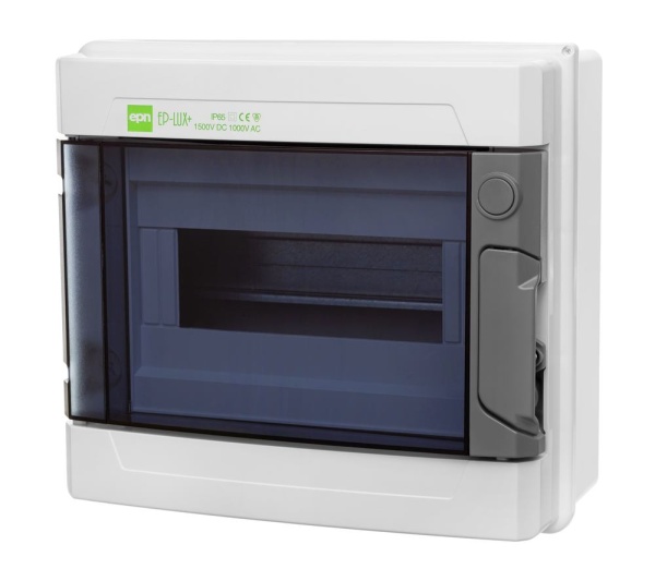 Щит навесной EP-LUX 1x8M, N/PE 2x 2x16+5x10mm2, дымчатая пласт. дверь, светло-серый RAL7035, 214x239x113mm, IP65