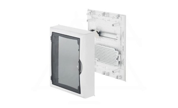 Щит встраив. ELEGANT мультимед, патч-панель, 1xSCHUKO, 1xМП, дымчатая пласт. дверь, белый RAL9003, 310x350x104mm, IP40