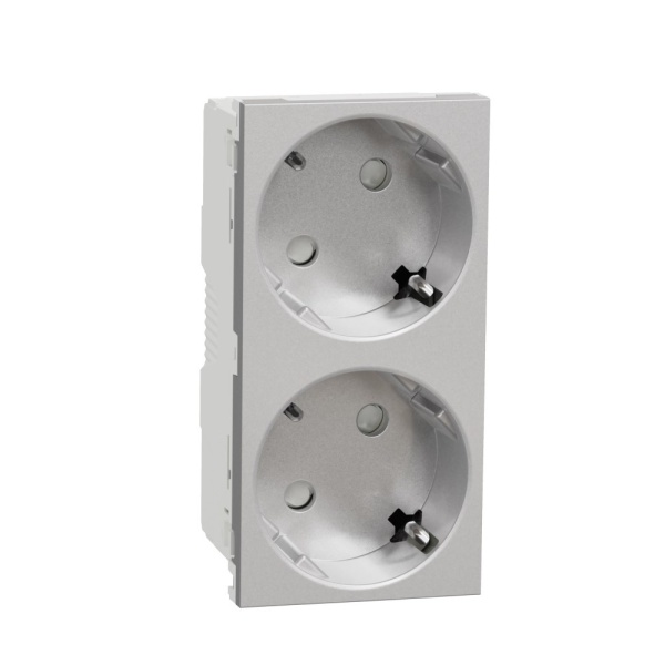 Unica Modular Розетка 2х(2К+З) 45гр, шторки, безвинтовые клеммы АЛЮМИНИЙ