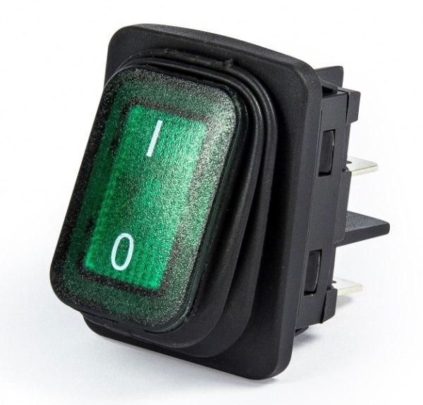 Выключатель клавишный 30*22мм с подсветкой (2НО), чёрный цвет корпуса, маркировка 0-1, подкл. клемма (250В AC, 16А), IP65 A54B1Y11