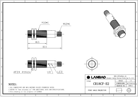 LANBAO CR18CN08DNR емкостной датчик M18x78мм NPN NO+NC Sn=8мм кабель 2м