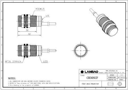 LANBAO CR30SCF10DNR Емкостной датчик 10 мм, 10…30 DC, NPN, NO+NC, заподлицо, PBT, кабель, M30, IP67
