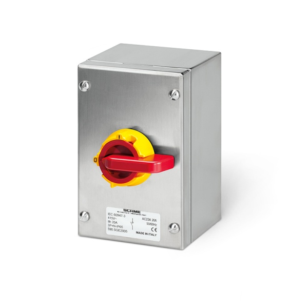Выключатель нагрузки аварийный, 3P, 32A (25A AC3), 690VAC, габ. Y1, красная блок. рукоятка, в корпусе из нержавейки IP66, ISOLATORS