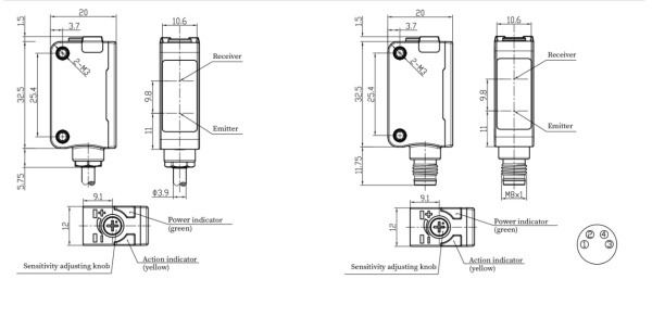 LANBAO PSE-YC35DPBR оптический датчик 32,5x20x12мм PNP NO/NC Sn=350мм BGS (D-тип) кабель 2м