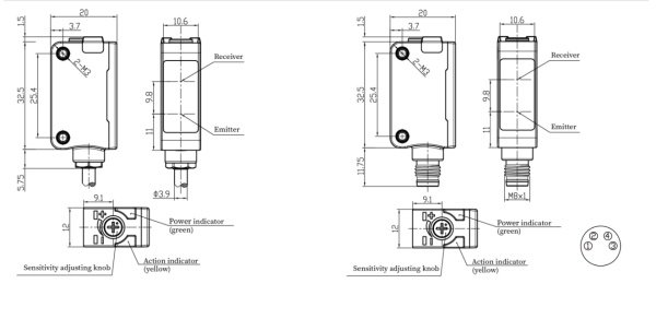 LANBAO PSE-YC35DPBR оптический датчик 32,5x20x12мм PNP NO/NC Sn=350мм BGS (D-тип) кабель 2м