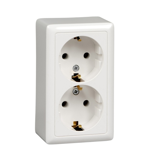 ХИТ О/У РОЗЕТКА двойная с заземлением без шторок, ИЗОЛ.ПЛ., 16А, 250В, БЕЛЫЙ