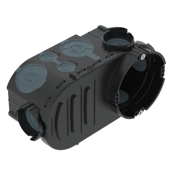 Подрозетник UE 66 одиночный, с доп. пространством, 650°С, Ø64мм, h=66мм, для спл. стен, c винтами, c воздухонепр. мембр. вводами, черный, полипропилен