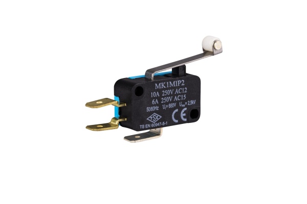 Микровыключатель, привод пластиковый роликовый рычаг (1ПК), металлический корпус (250В AC, 10А), IP20 MK1MIP2
