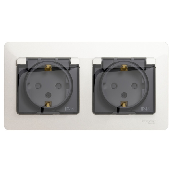 GLOSSA РОЗЕТКА двойная с заземлением со шторками с прозрачной крышкой,16А, IP44, в сборе, ПЕРЛАМУТР