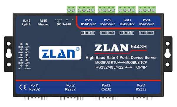 Преобразователь интерфейсов ZLAN5443H, RS-232/485/422 в Ethernet, 4xRS-485/422, 4xRS-232, Modbus Gateway, 24VDC