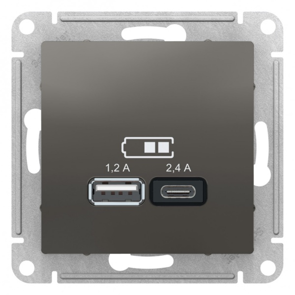 ATLASDESIGN USB РОЗЕТКА А+С, 5В/2,4А, 2х5В/1,2А, механизм, СТАЛЬ