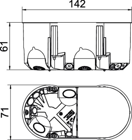 Подрозетник HE 61-DV-L  двойной, 850°С, h=61мм, для полых стен, с винтами, с воздухонепрониц. мембранными вводами, оранжевый, полипропилен