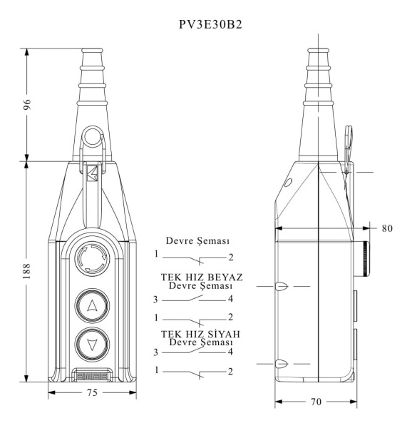 Пульт управления 3 кнопки (первая кнопка "аварийный стоп" CP200E30, 1НЗ), односкоростной, cерия PV (250В AC, 4А), IP65 PV3E30B2