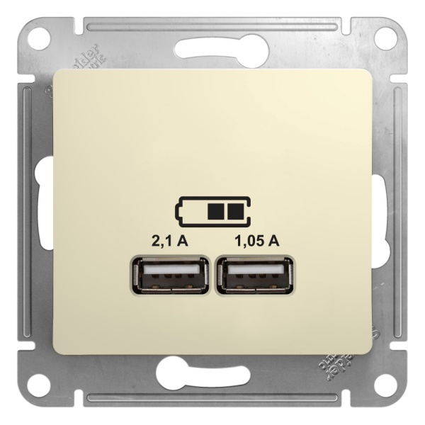 GLOSSA USB РОЗЕТКА A+A, 5В/2,1А, 2х5В/1,05А, механизм, БЕЖЕВЫЙ