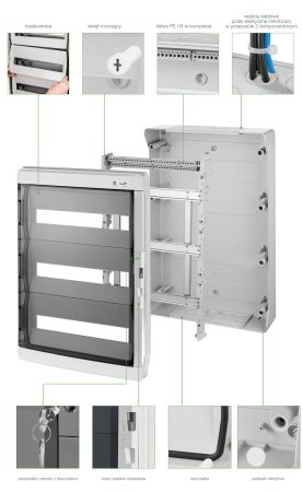 Щит навесной GALANT 3x18M, N/PE 6x 10x16+10x10mm2, дымчатая пласт. дверь, светло-серый RAL7035, 638x432x160mm, IP65