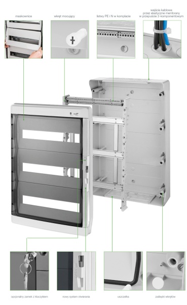 Щит навесной GALANT 3x18M, N/PE 6x 10x16+10x10mm2, дымчатая пласт. дверь, светло-серый RAL7035, 638x432x160mm, IP65